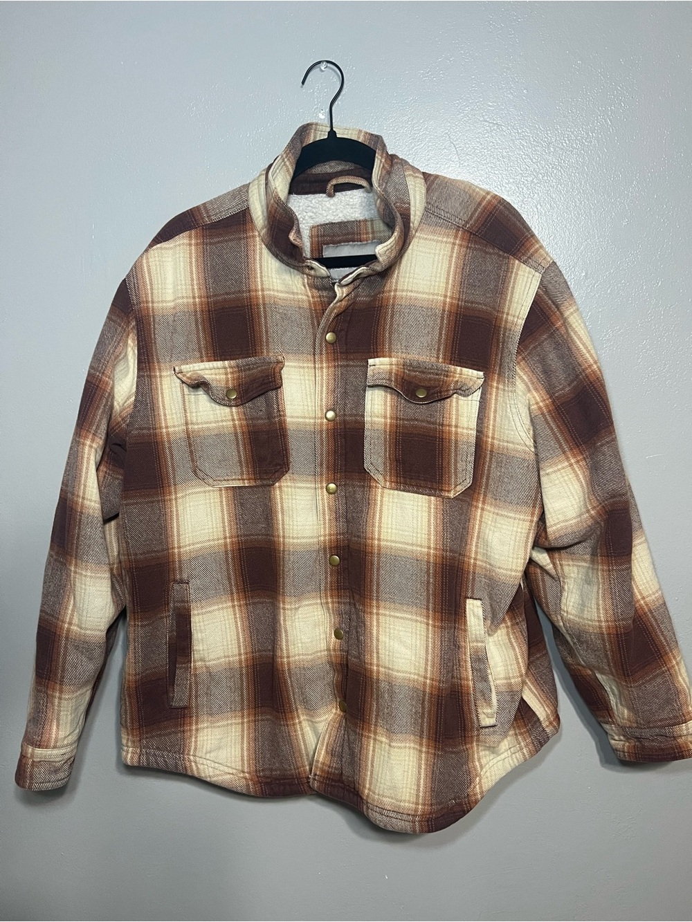 Falls Creek Men's XL Brown Plaid Sherpa Lined Fleece Shirt Jacket Heavy Flannel